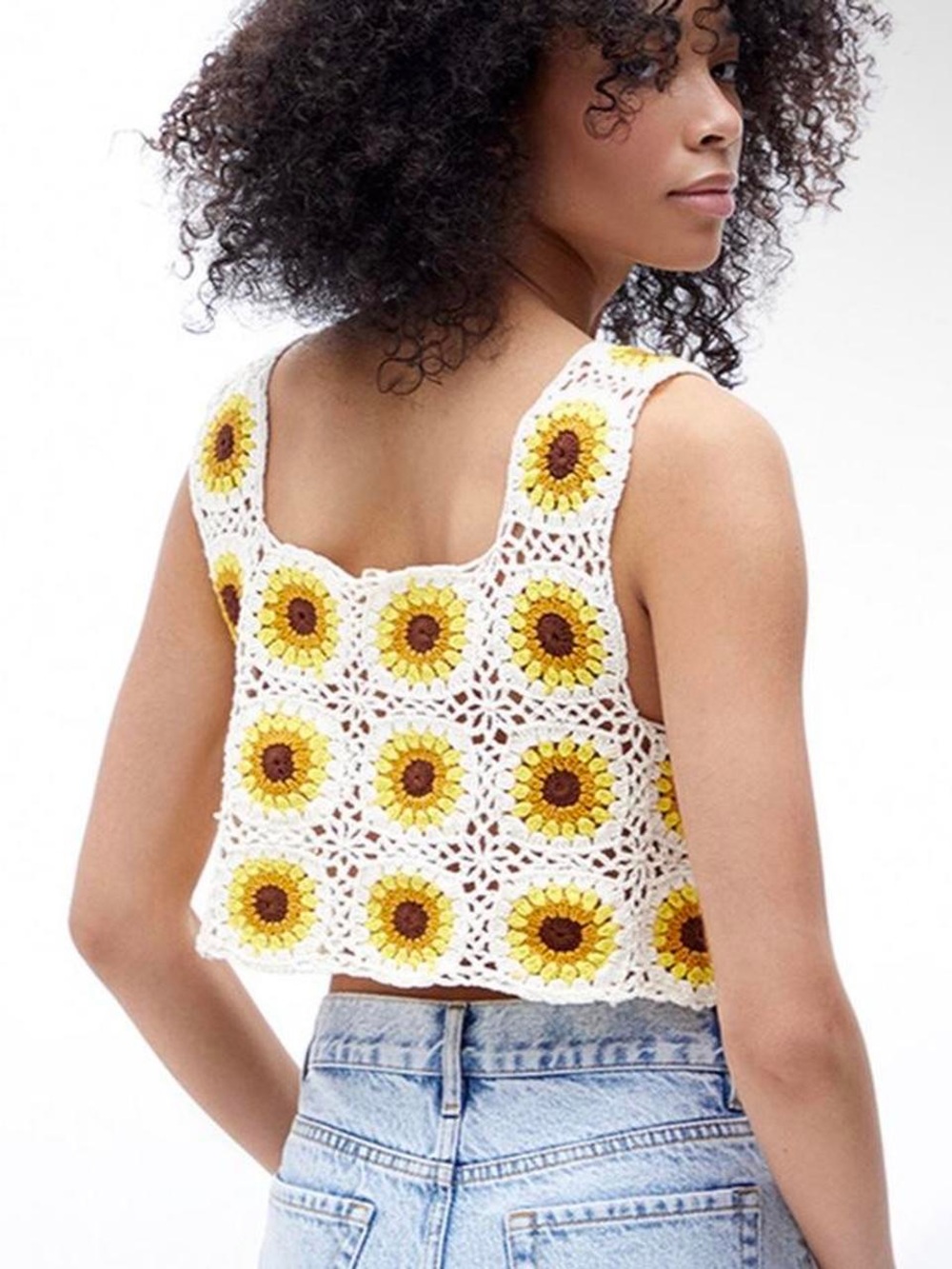 LA Hearts Crochet Sunflower Square Tank Top - White & Yellow